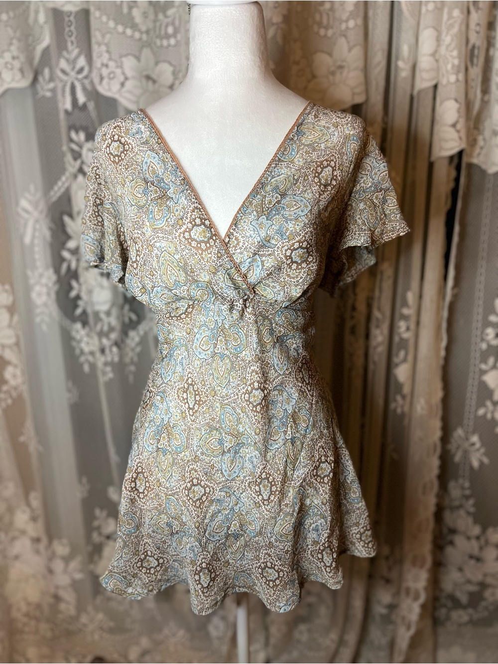 y2k 90s Paisley Print Camisole Top in Blue & Tan Large
